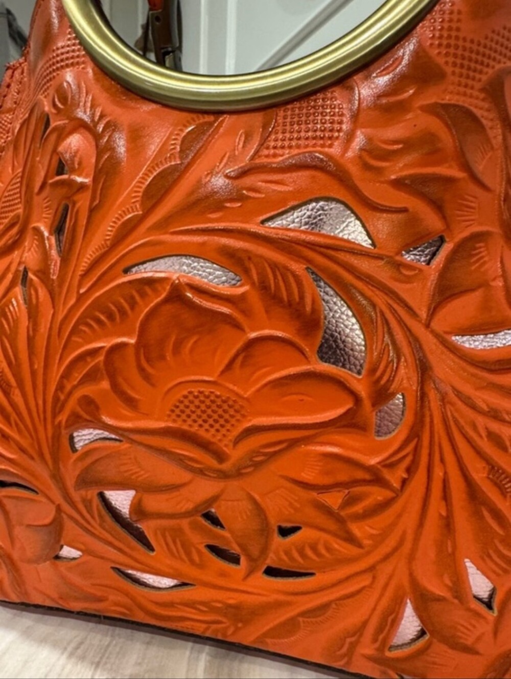 Patricia Nash Bag Aria Double Ring Orange Leather Floral Laser Cut Crossbody - Picture 5 of 16